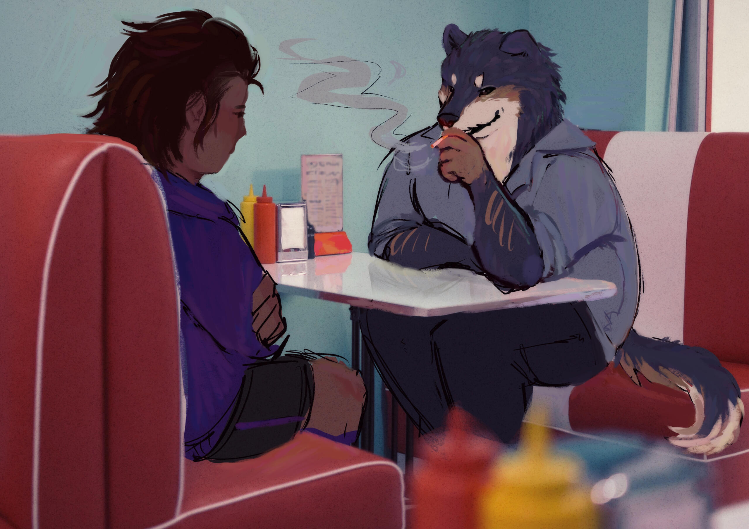 keone and tiago trying to lay low at a restaurant. photo background by amel majanovic